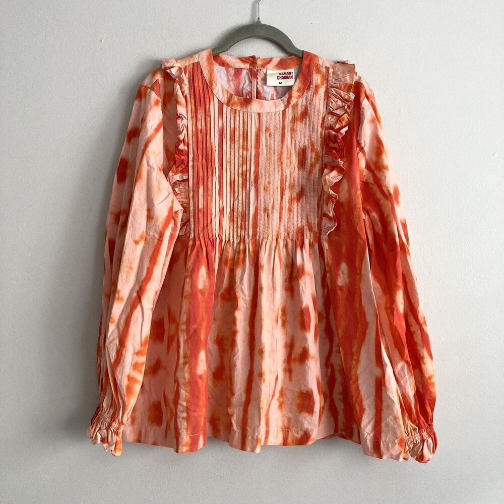 Samant Chauhan Anthropologie Emilia Ruffled Tie-Dye Blouse Size Medium Orange